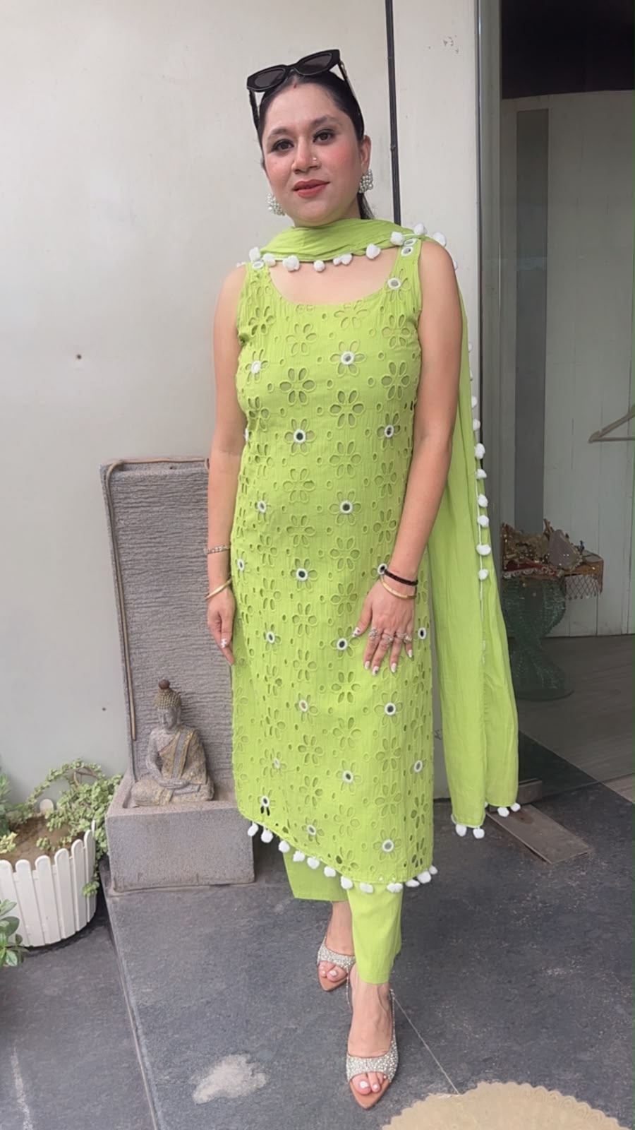 Pearl Neon Green Chiffle Designer Suit (Sleeve Fabric Attached)