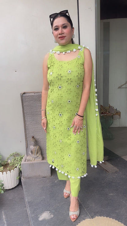 Pearl Neon Green Chiffle Designer Suit (Sleeve Fabric Attached)