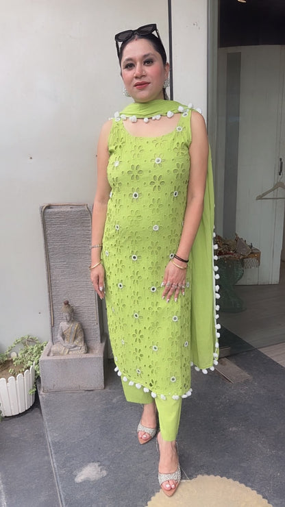 Pearl Neon Green Chiffle Designer Suit (Sleeve Fabric Attached)