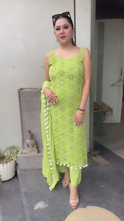 Pearl Neon Green Chiffle Designer Suit (Sleeve Fabric Attached)