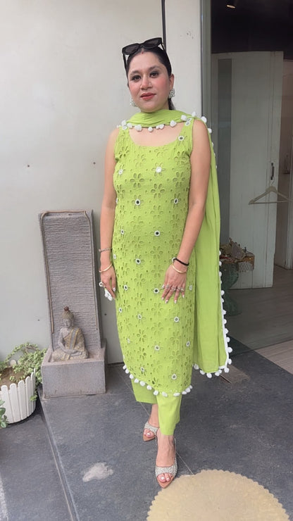 Pearl Neon Green Chiffle Designer Suit (Sleeve Fabric Attached)