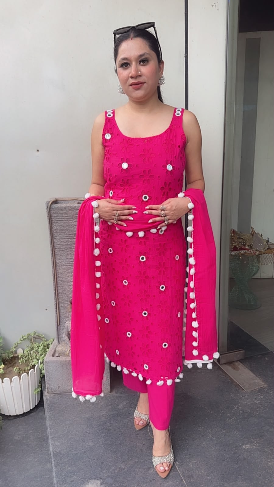 Pearl Hot pink Chiffle Designer Suit (Sleeve Fabric Attached)