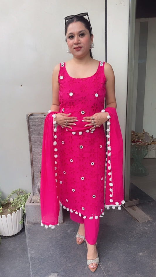 Pearl Hot pink Chiffle Designer Suit (Sleeve Fabric Attached)