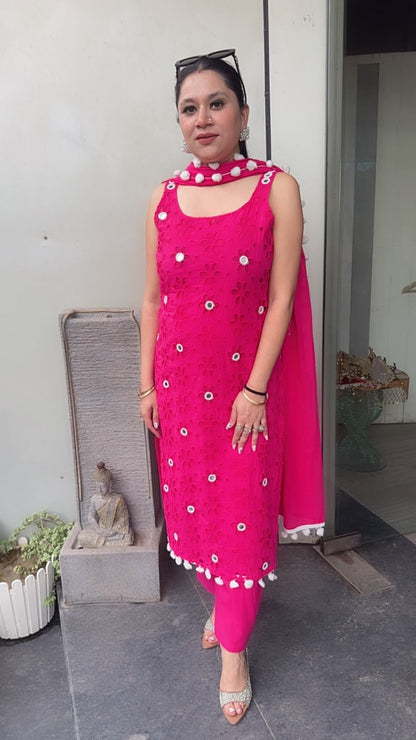 Pearl Hot pink Chiffle Designer Suit (Sleeve Fabric Attached)