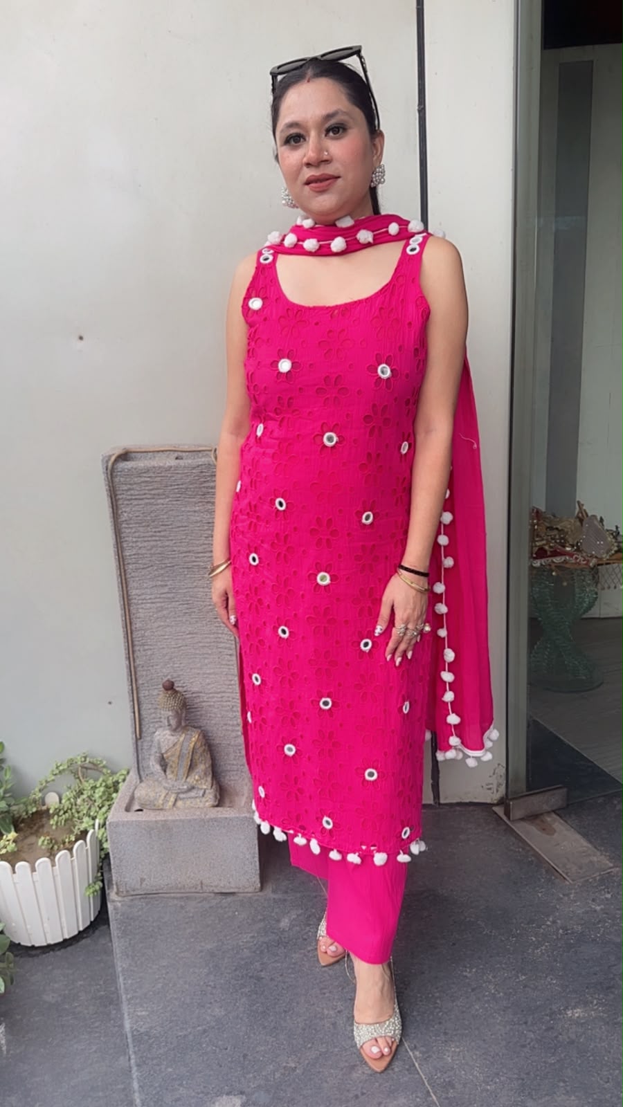 Pearl Hot pink Chiffle Designer Suit (Sleeve Fabric Attached)