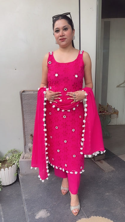 Pearl Hot pink Chiffle Designer Suit (Sleeve Fabric Attached)