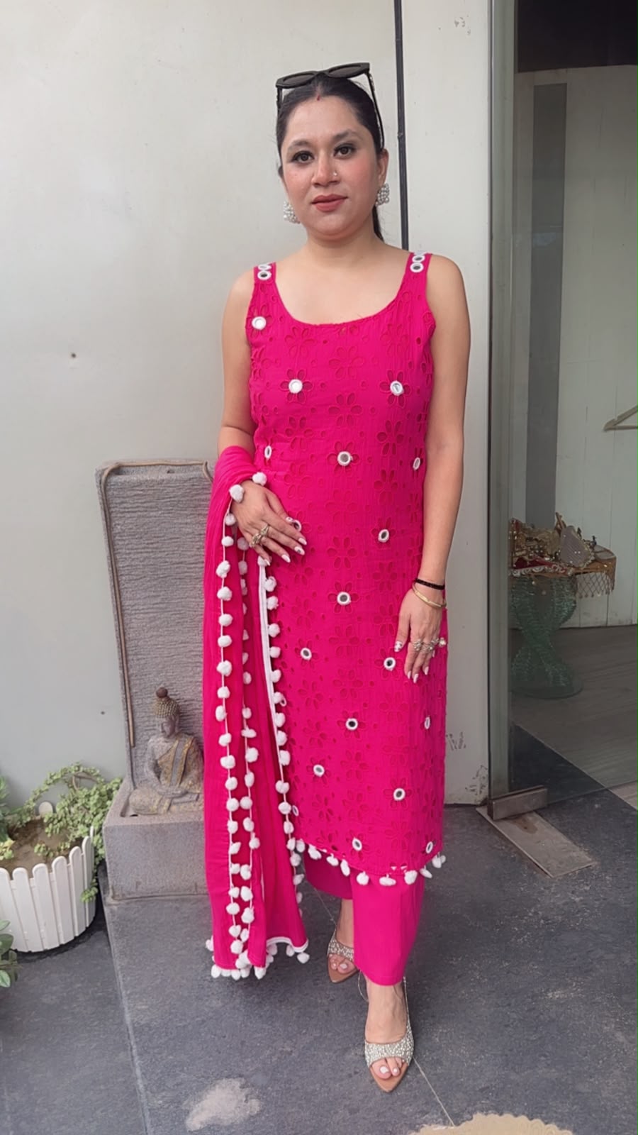Pearl Hot pink Chiffle Designer Suit (Sleeve Fabric Attached)