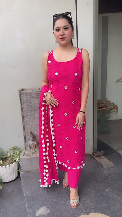 Pearl Hot pink Chiffle Designer Suit (Sleeve Fabric Attached)