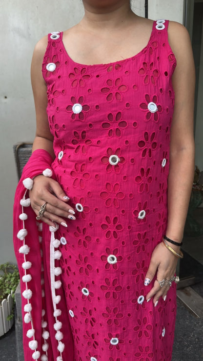 Pearl Hot pink Chiffle Designer Suit (Sleeve Fabric Attached)