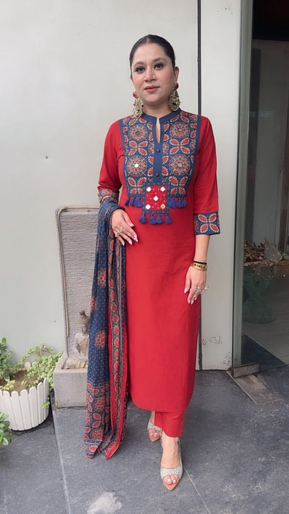 Zika Rust Blue Tassel Cotton Designer Suit