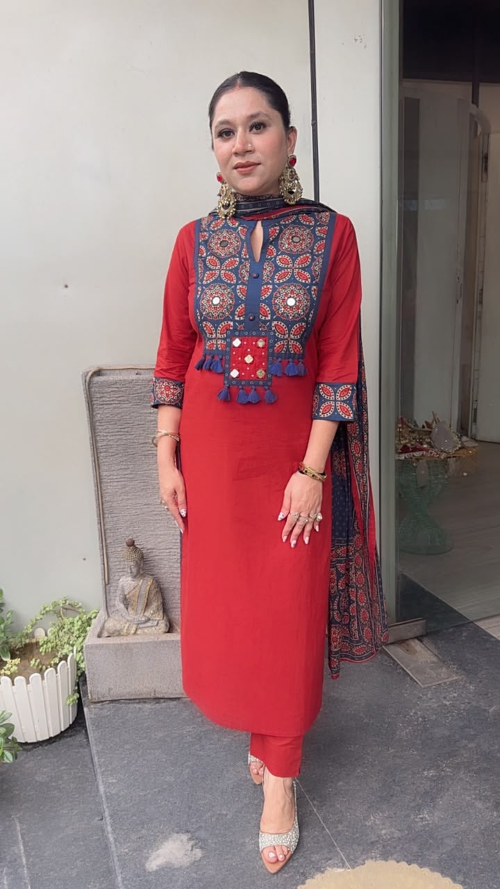 Zika Rust Blue Tassel Cotton Designer Suit