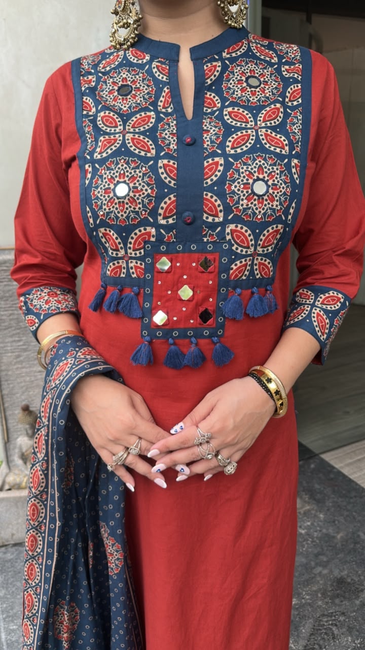 Zika Rust Blue Tassel Cotton Designer Suit