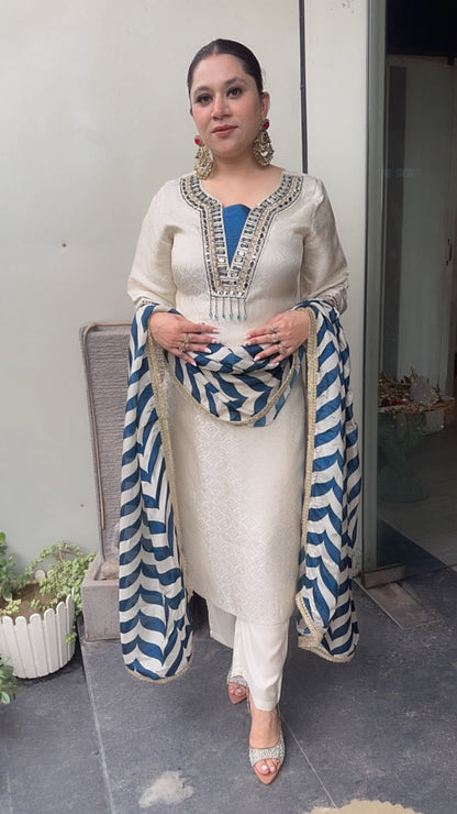 Gulnar Ivory Royal Blue Dupatta Designer Suit