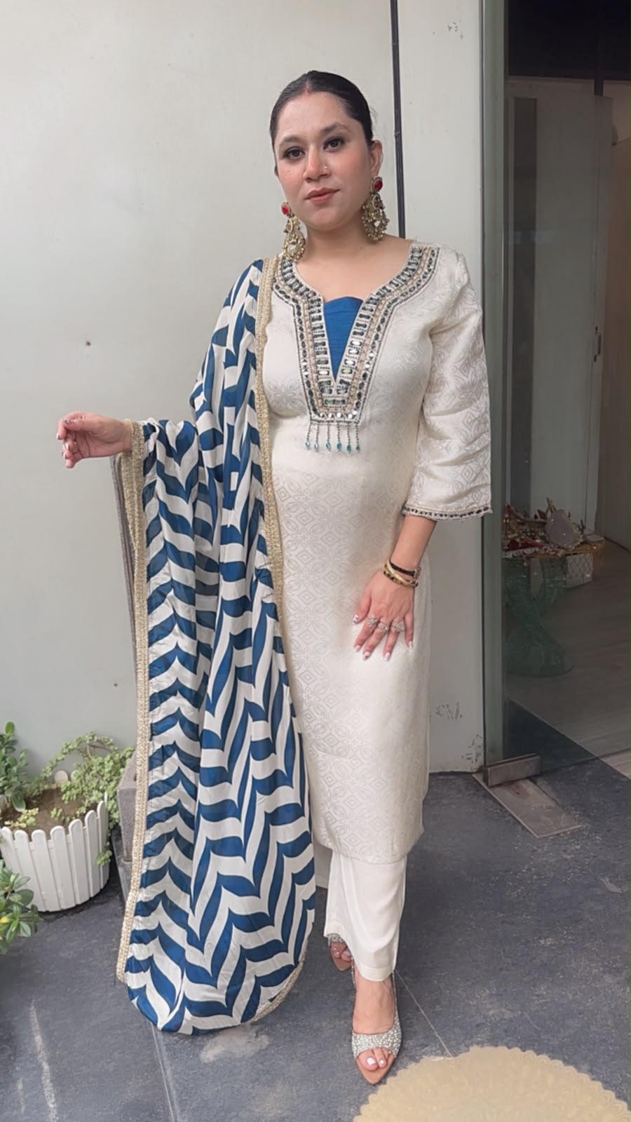 Gulnar Ivory Royal Blue Dupatta Designer Suit