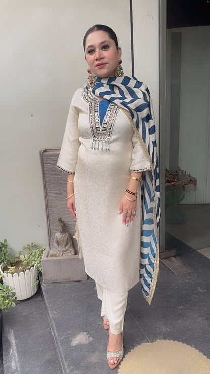 Gulnar Ivory Royal Blue Dupatta Designer Suit