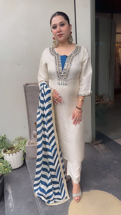 Gulnar Ivory Royal Blue Dupatta Designer Suit