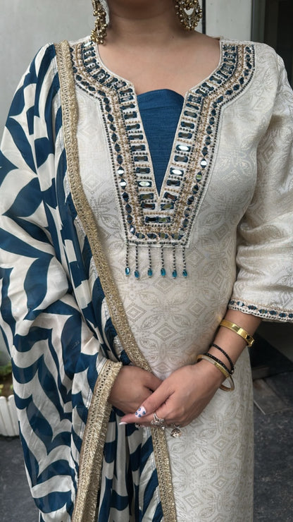 Gulnar Ivory Royal Blue Dupatta Designer Suit