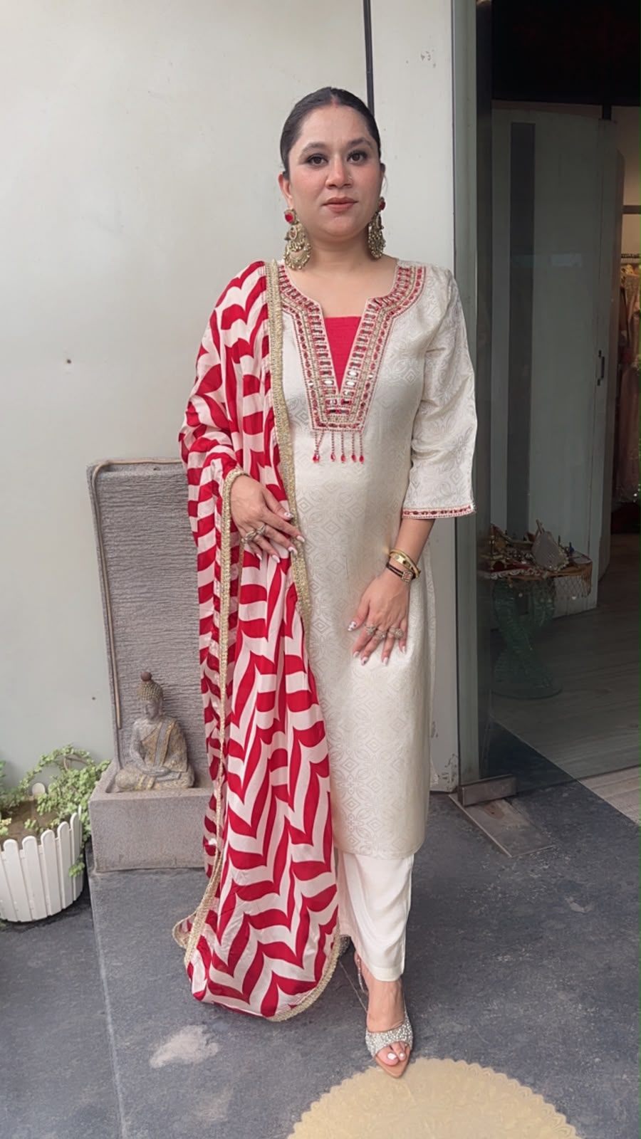Gulnar Ivory Red Dupatta Designer Suit
