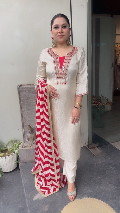 Gulnar Ivory Red Dupatta Designer Suit