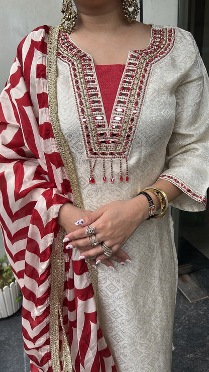 Gulnar Ivory Red Dupatta Designer Suit