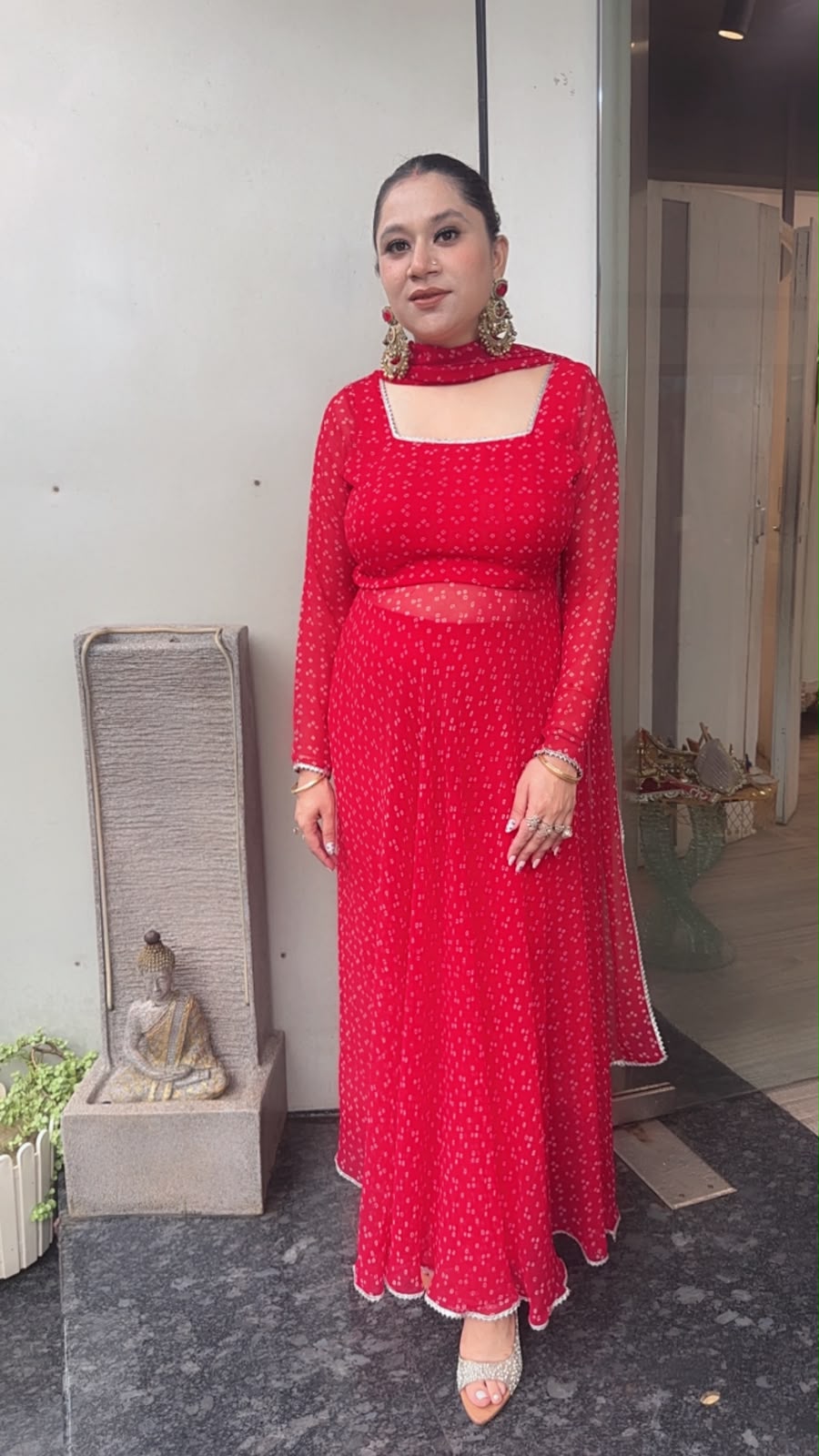 Jilalo Red Leheria Digital print Designer Anarkali Suit