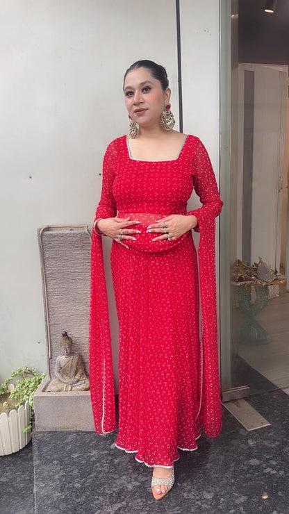 Jilalo Red Leheria Digital print Designer Anarkali Suit