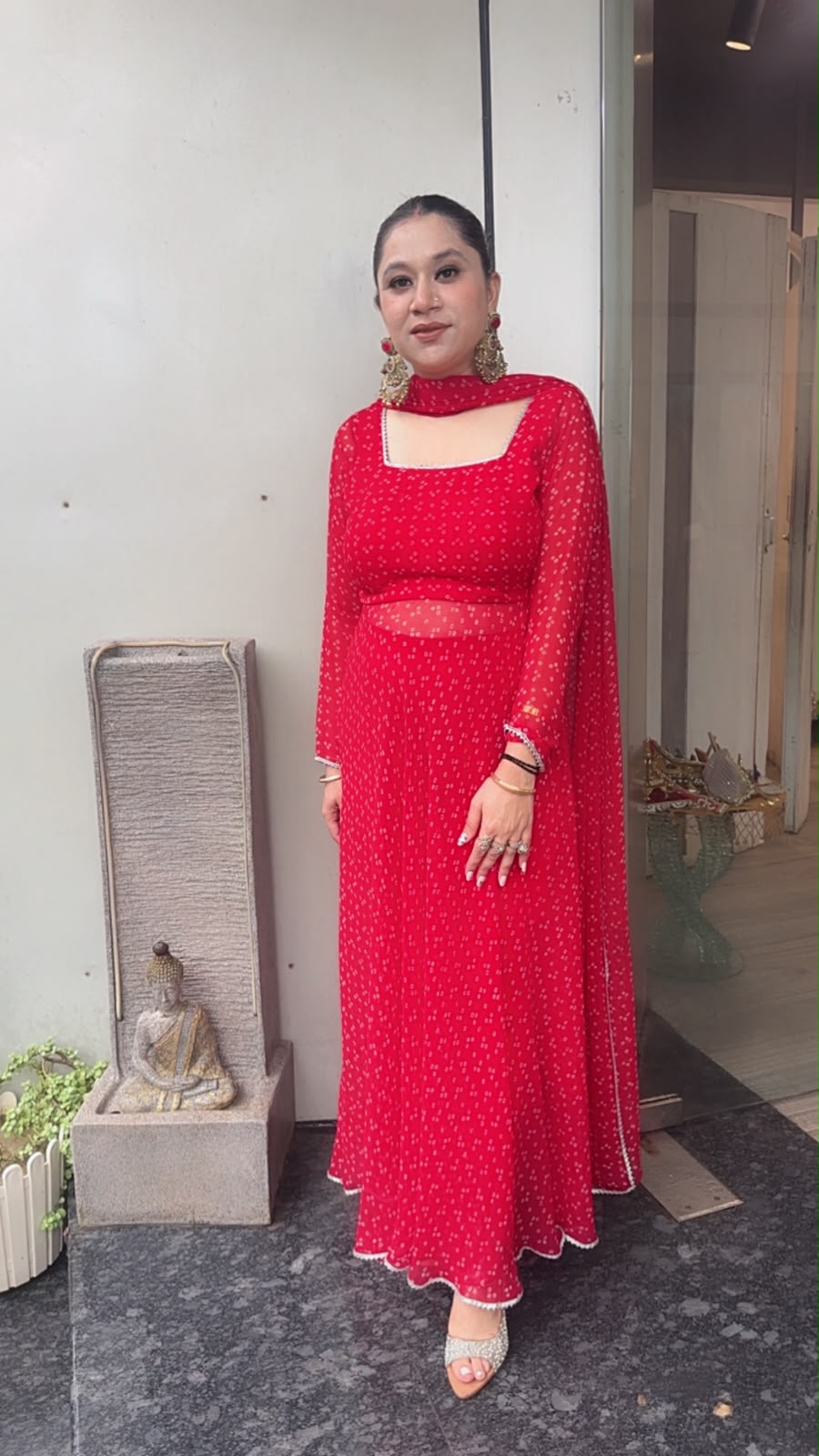 Jilalo Red Leheria Digital print Designer Anarkali Suit