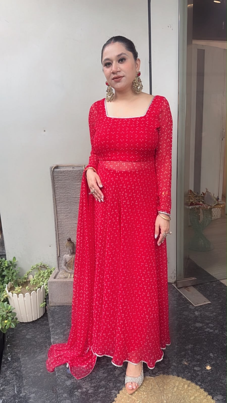 Jilalo Red Leheria Digital print Designer Anarkali Suit