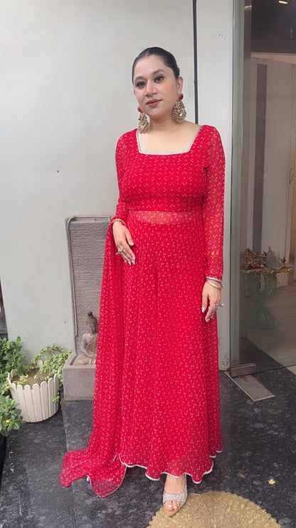 Jilalo Red Leheria Digital print Designer Anarkali Suit