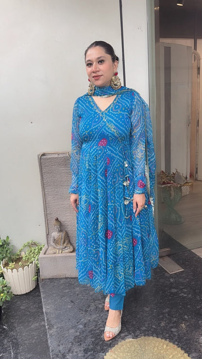 Hayaat Terquish Blue Leheria Digital print Designer Anarkali Suit