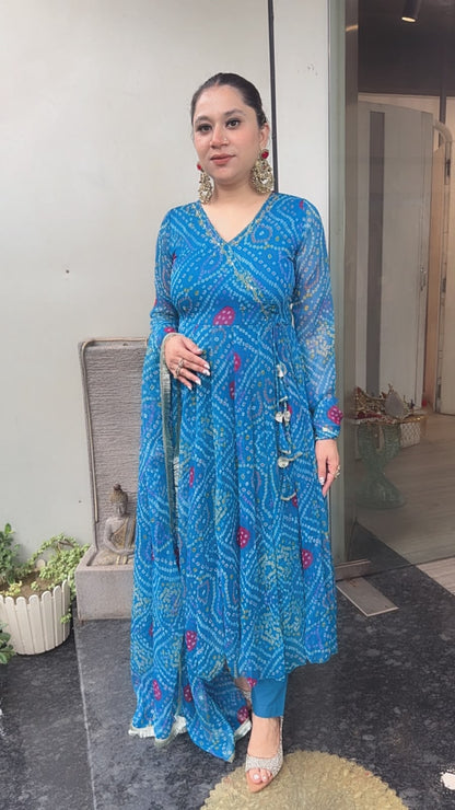 Hayaat Terquish Blue Leheria Digital print Designer Anarkali Suit
