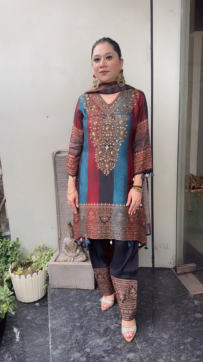 Nihari Blue Mahroon Digital Handwork C-Cut Style Farshi Salwar Designer Suit