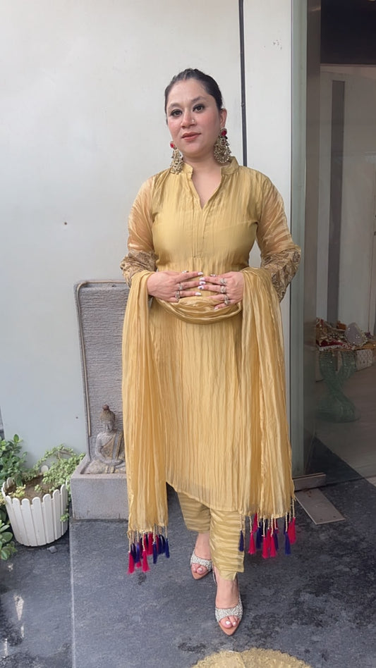 Dooby Gold Shimmer Tassel Dupatta Designer Suit