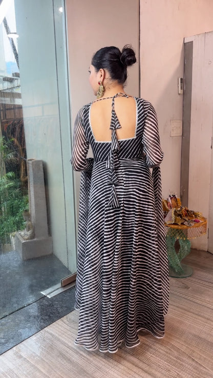 Zeboo Black White Leheria Digital print Designer Anarkali Suit