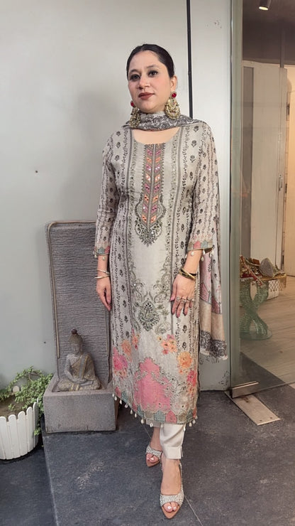 Harnoor Grey Digital print Handwork Designer Suit