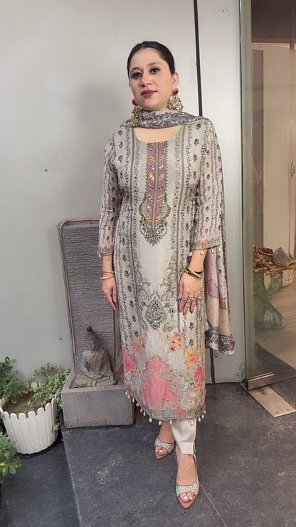 Harnoor Grey Digital print Handwork Designer Suit