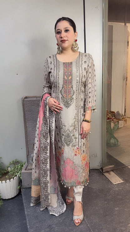 Harnoor Grey Digital print Handwork Designer Suit