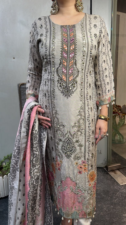 Harnoor Grey Digital print Handwork Designer Suit