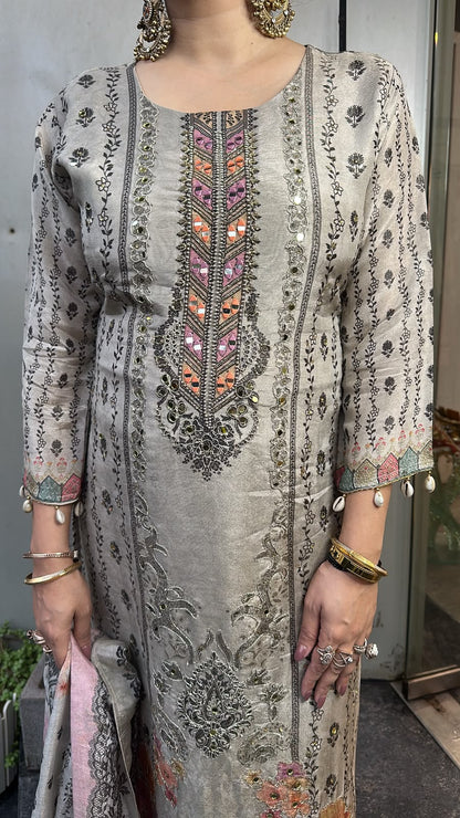 Harnoor Grey Digital print Handwork Designer Suit