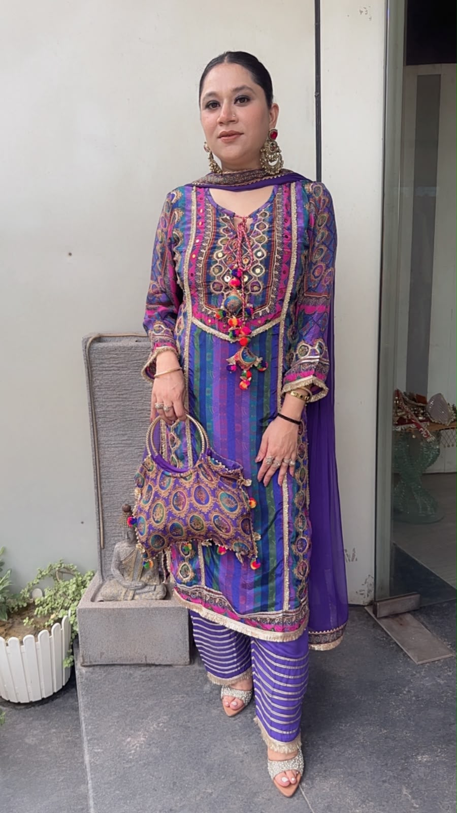 Rakhi Jamun Digital Gotta work Designer Suit with Potli