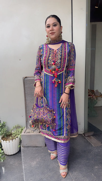 Rakhi Jamun Digital Gotta work Designer Suit with Potli