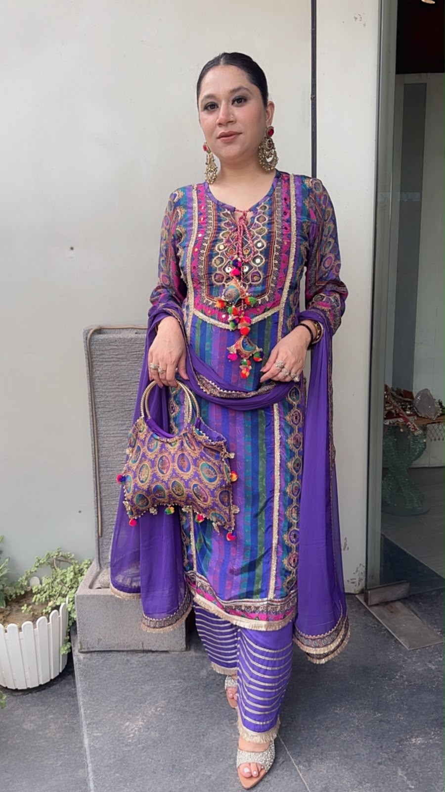 Rakhi Jamun Digital Gotta work Designer Suit with Potli