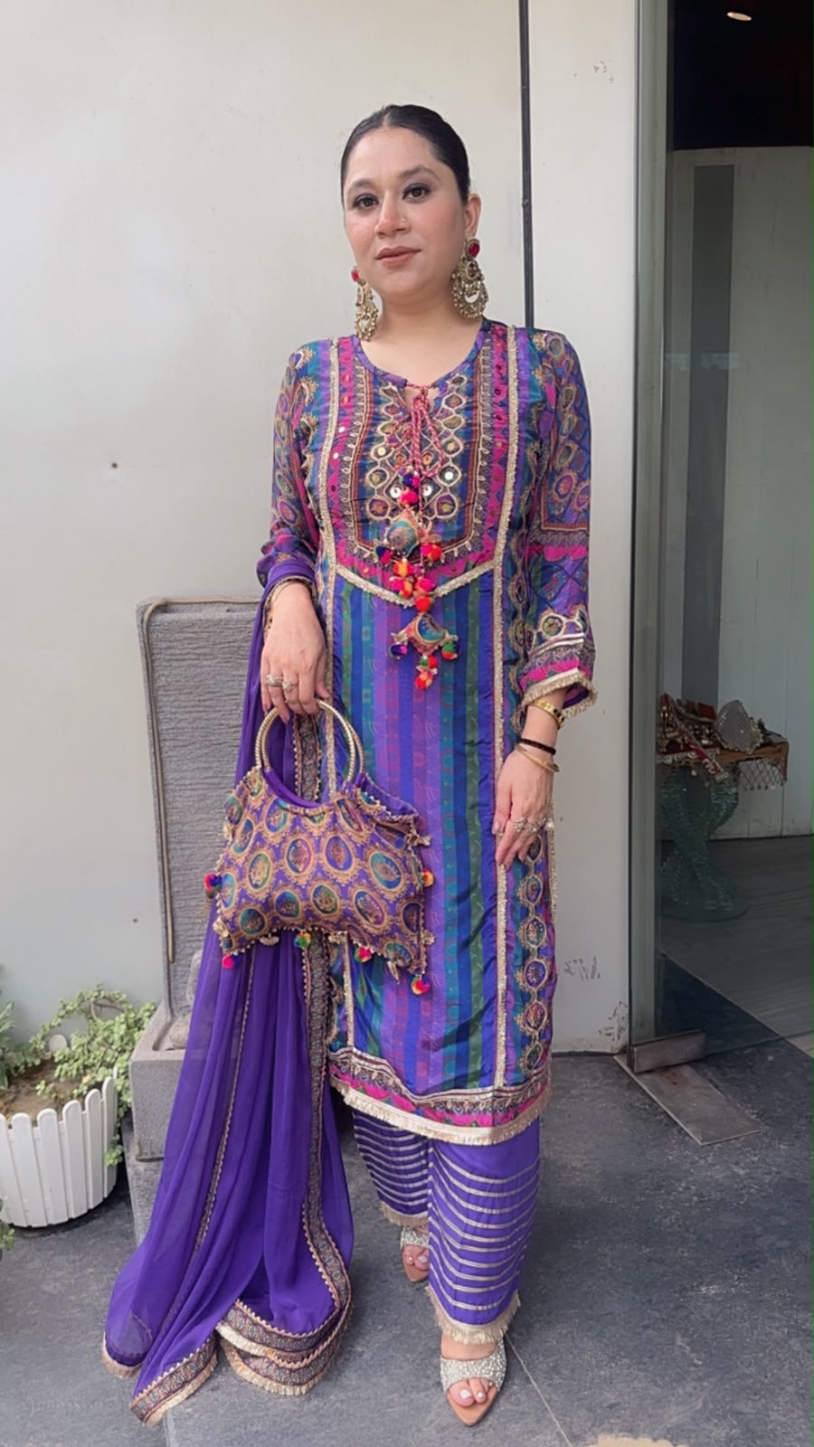 Rakhi Jamun Digital Gotta work Designer Suit with Potli
