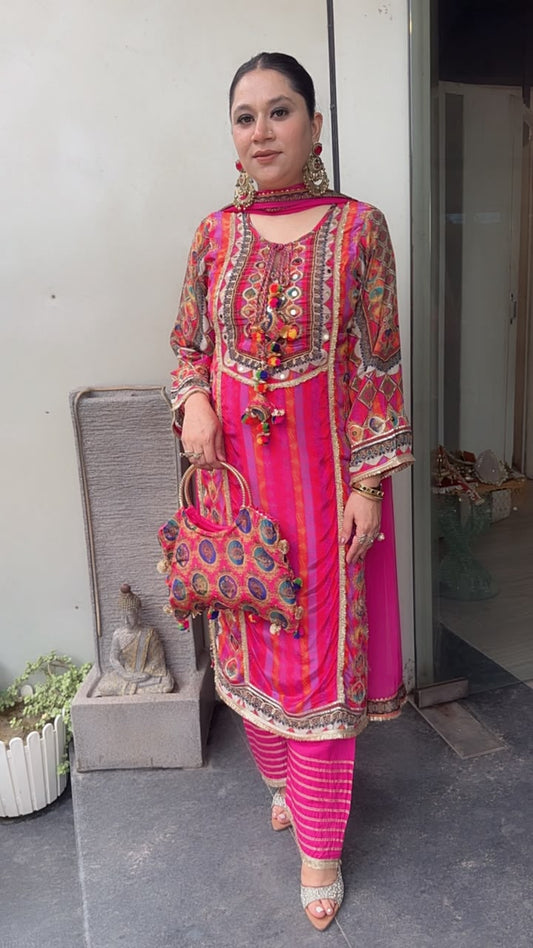 Rakhi Gulabi Digital Gotta work Designer Suit with Potli