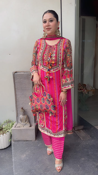 Rakhi Gulabi Digital Gotta work Designer Suit with Potli