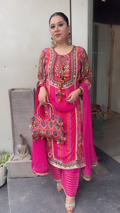 Rakhi Gulabi Digital Gotta work Designer Suit with Potli