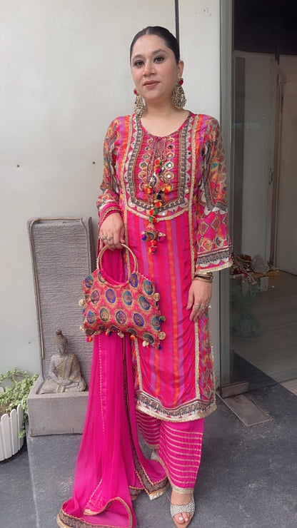 Rakhi Gulabi Digital Gotta work Designer Suit with Potli