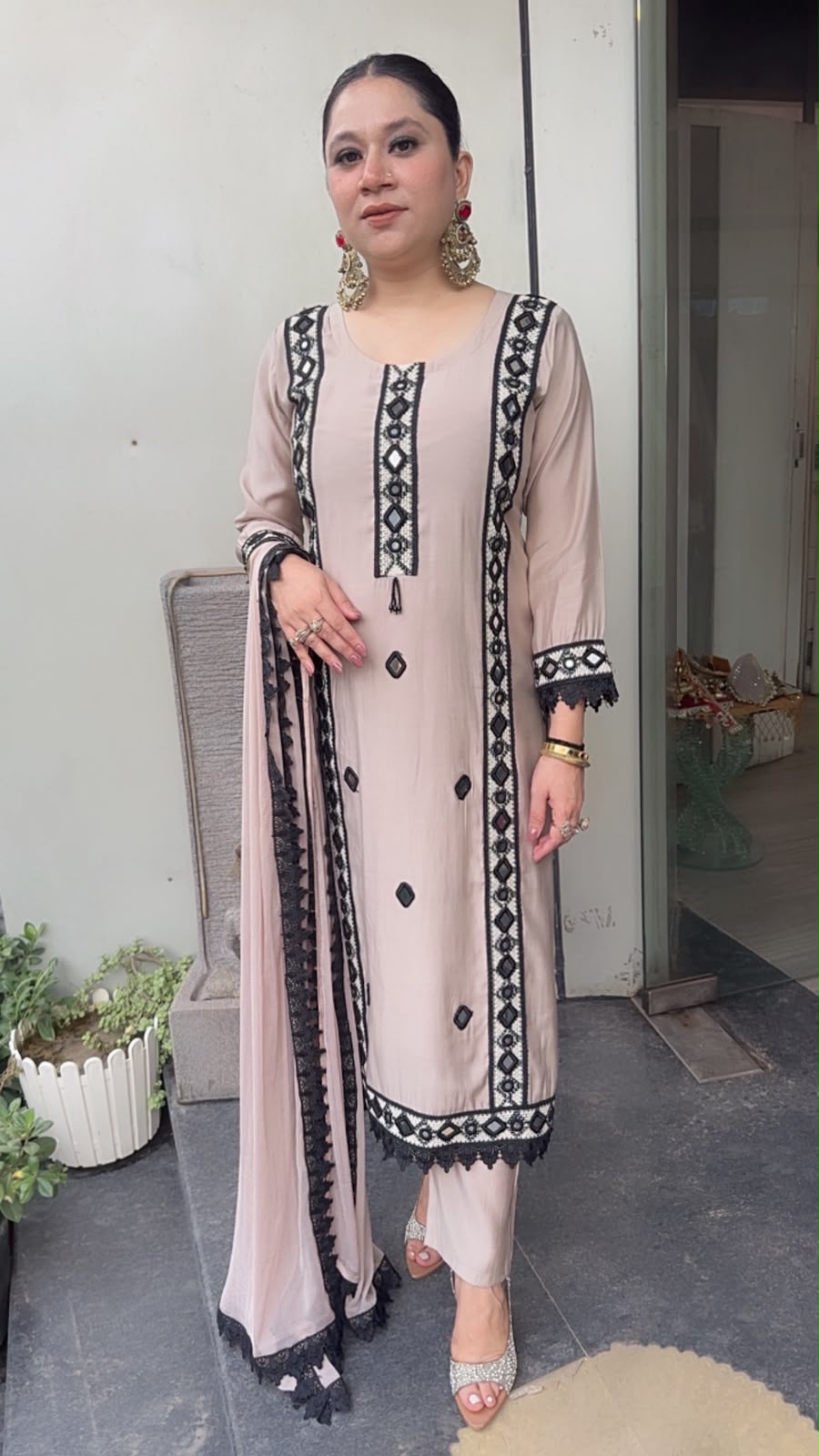 Fiza Beige Mirror Thread work Designer Suit