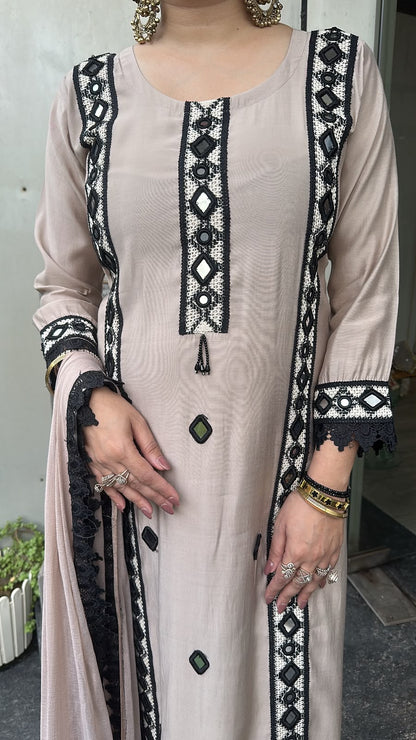 Fiza Beige Mirror Thread work Designer Suit