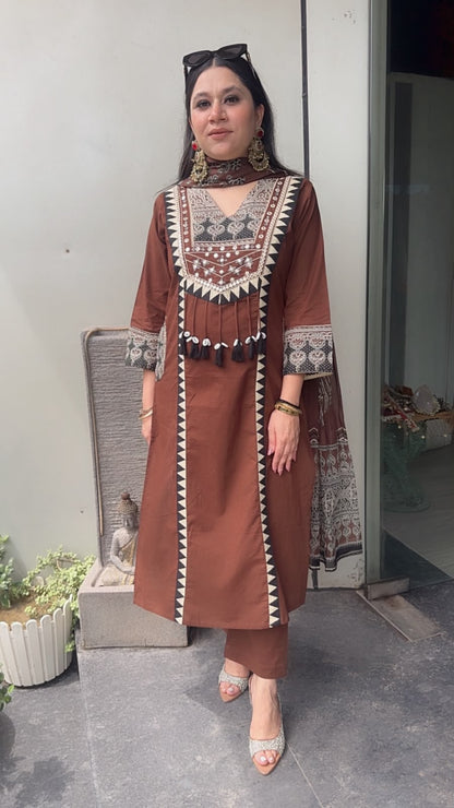 Bindi Coffee Brown Tassel Designer Cotton Suit